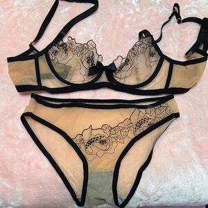 Sheer Floral Embroidered Bra & Brief Set - Black/Nude